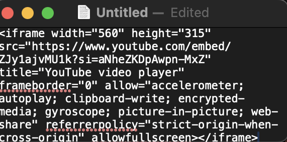 Screenshot of TextEdit with embed code pasted